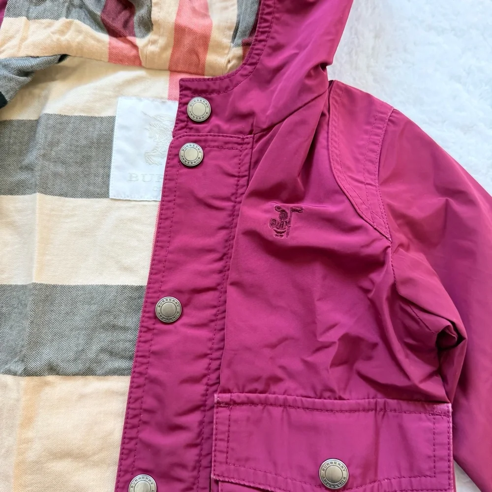 Burberry Baby Girls Jacket 12m Nova Check Berry Pink Hooded Kids Bag Foldable